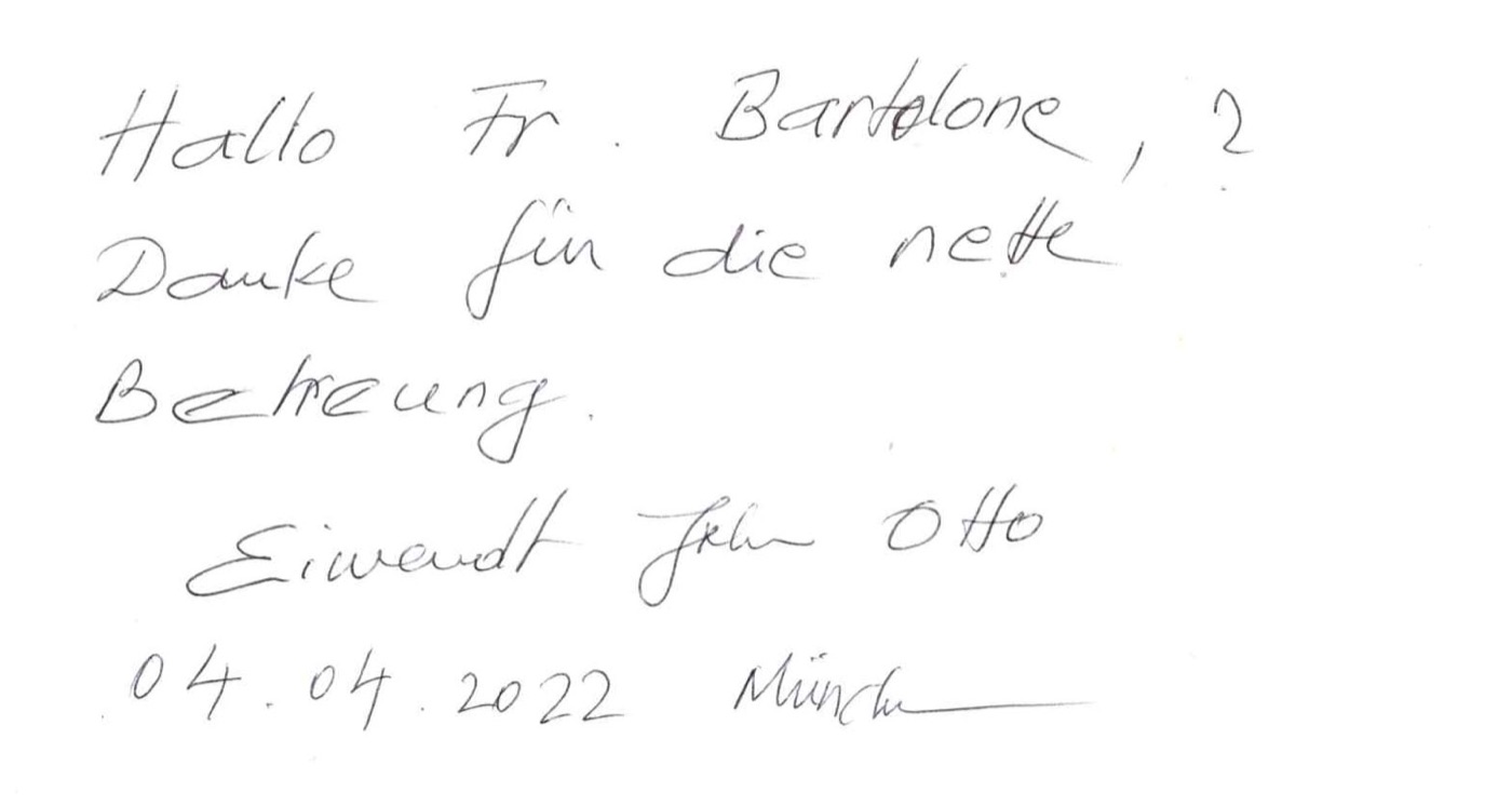 Handgeschriebene Dankeskarte an Frau Bortolone: „Danke für die nette Betreuung“, München, April 2022